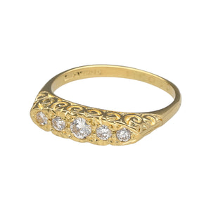 Preowned 18ct Yellow Gold & Diamond Antique Style Ring in size L with the weight 3.30 grams. The band is 4mm wide at the front and contains five diamonds