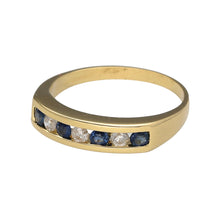 Load image into Gallery viewer, Preowned 18ct Yellow Gold Diamond &amp; Sapphire Set Band Ring in size N with the weight 3.90 grams. The front of the band is 4mm wide and the sapphire stones are each 2mm
