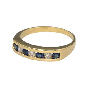 Preowned 18ct Yellow Gold Diamond & Sapphire Set Band Ring in size N with the weight 3.90 grams. The front of the band is 4mm wide and the sapphire stones are each 2mm