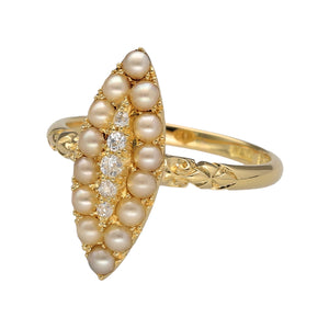 Preowned 18ct Yellow Gold Diamond & Seed Pearl Set Navette Style Ring in size O with the weight 4.30 grams. The ring is made up of old cut diamonds and seed pearls which are approximately 2mm diameter each. The front of the ring is 2cm high and the ring is from approximately the 1900s