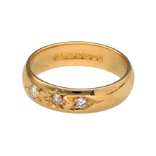Load image into Gallery viewer, Preowned 22ct Yellow Gold &amp; Diamond Set Band Ring in size J with the weight 4.30 grams. The band is 4mm wide and has three diamonds set in the middle. The center diamond is starburst set
