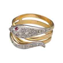 Load image into Gallery viewer, Preowned 18ct Yellow and White Gold Diamond &amp; Ruby Set Serpent/Snake Ring in size P with the weight 8.10 grams. The front of the ring is 13mm high. The diamonds are pave set on the head and the tail with rubies to represent the eyes which are each approximately 1mm diameter

