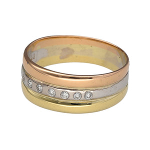 Preowned 18ct Yellow, White and Rose Gold & Diamond Set Wide Band Ring in size M with the weight 3.20 grams. The front of the band is 7mm wide