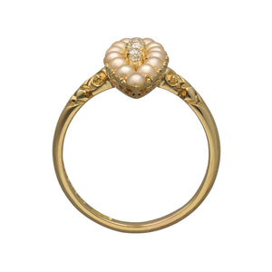 18ct Gold Diamond & Seed Pearl Set Navette Style Ring