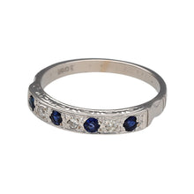 Load image into Gallery viewer, Preowned 18ct White Gold Diamond &amp; Sapphire Antique Style Band Ring in size O with the weight 3.60 grams. The sapphire stones are 2mm diameter 
