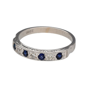 Preowned 18ct White Gold Diamond & Sapphire Antique Style Band Ring in size O with the weight 3.60 grams. The sapphire stones are 2mm diameter 