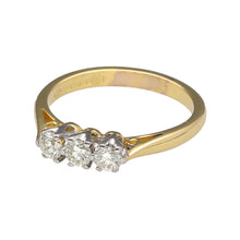 Load image into Gallery viewer, Preowned 18ct Yellow and White Gold &amp; Diamond Set Trilogy Ring in size L with the weight 3.20 grams. There is approximately 30pt - 33pt of diamond content in total at approximate clarity VS2 - Si1 and colour K - M
