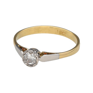 Preowned 18ct Yellow and White Gold & Diamond Set Rubover Solitaire Ring in size Q with the weight 2.30 grams. The diamond is approximately 25pt and is approximate clarity i2