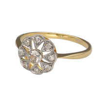 Load image into Gallery viewer, Preowned 18ct Yellow and White Gold &amp; Diamond Set Art Deco Style Flower Ring in size L with the weight 2 grams. The front of the ring is 11mm high
