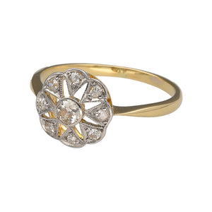 Preowned 18ct Yellow and White Gold & Diamond Set Art Deco Style Flower Ring in size L with the weight 2 grams. The front of the ring is 11mm high