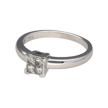 Load image into Gallery viewer, Preowned 18ct White Gold &amp; Diamond Illusion Solitaire Ring in size K with the weight 3 grams. The four princess cut diamonds are set together to give the illusion on a bigger stone and there is approximately 20pt of diamond content in total

