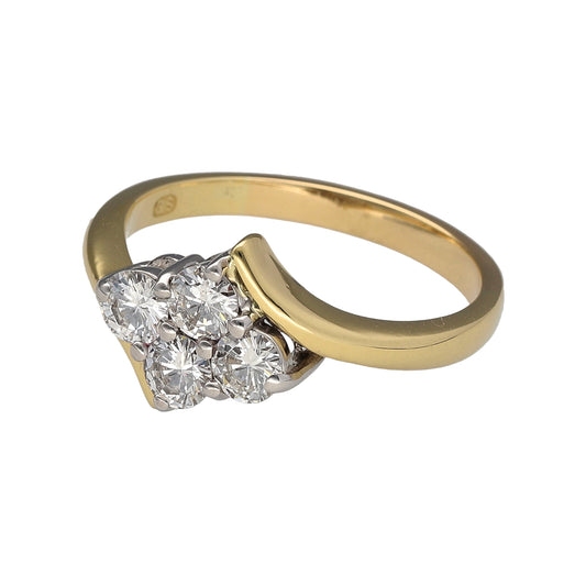 Preowned 18ct Yellow and White Gold & Diamond Four Stone Cluster Twist Ring in size Q with the weight 5 grams. There are four brilliant cut diamond set in the ring at approximately 25pt each so there is a total of approximately 1ct of diamond content set in the ring. The diamonds are approximate clarity Si1 and colour K - M. The front of the ring is 11mm high 