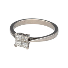 Load image into Gallery viewer, Preowned 18ct White Gold &amp; Princess Cut Diamond Illusion Set Solitaire Ring in size P with the weight 3.50 grams. There is approximately 52pt of diamond content in total but with the illusion set the ring gives the impression of a 72pt diamond. The diamonds are approximately clarity Si1
