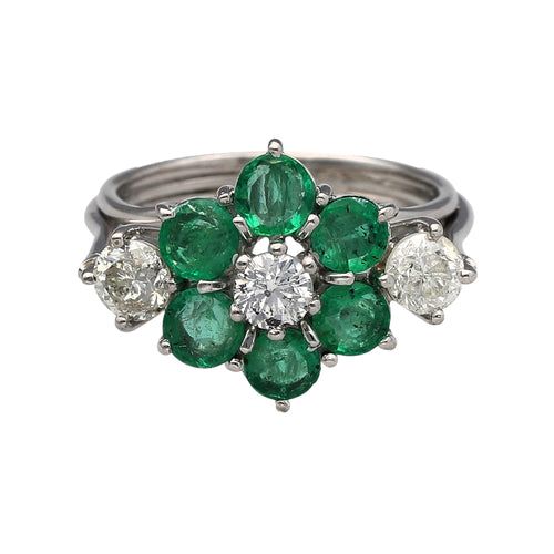 18ct White Gold Diamond & Emerald Set Flower Cluster Ring