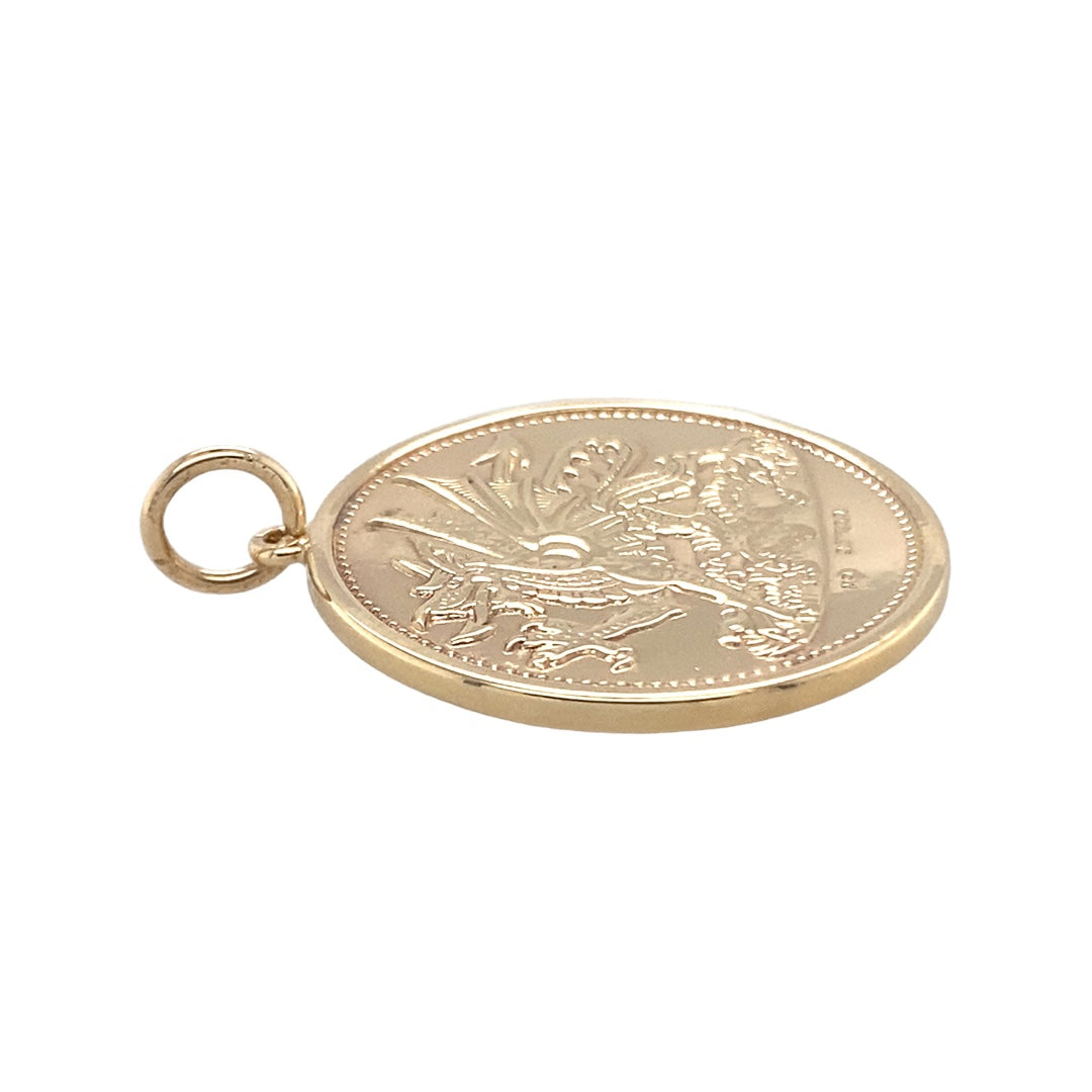 9ct Gold Welsh Dragon and Three Feather Coin Style Pendant