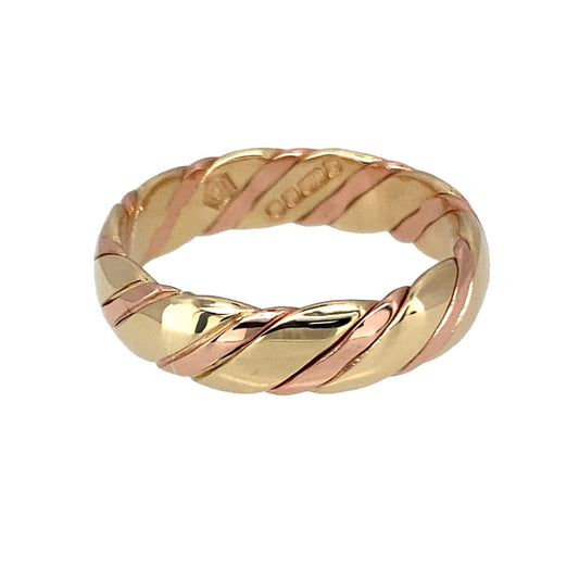 Preowned 9ct Yellow and Rose Gold Clogau Twisted Band Ring in size N with the weight 3.90 grams. The band is 5mm wide