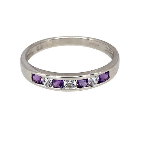 9ct White Gold Amethyst & Cubic Zirconia Set Band Ring