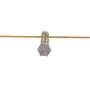 Preowned 9ct Yellow and White Gold & Diamond Set Cluster Pendant on an 18" curb chain with the weight 2.30 grams. The pendant is 1.4cm long including the bail