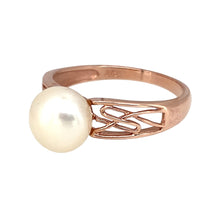 Load image into Gallery viewer, Preowned 9ct Rose Gold &amp; Pearl Set Swirl Ring in size N with the weight 2.30 grams. The pearl stone is approximately 8mm diameter
