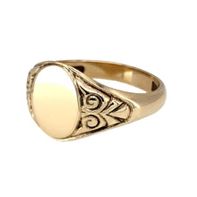 Load image into Gallery viewer, Preowned 9ct Yellow Gold Patterned Oval Signet Ring in size V with the weight 5.80 grams. The front of the ring is 13mm high
