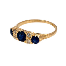 Load image into Gallery viewer, Preowned 18ct Yellow Gold Diamond &amp; Sapphire Set Antique Style Ring in size N with the weight 2.40 grams. The center sapphire stone is 5mm diameter and the side stones are each approximately 3.5mm diameter
