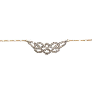 Preowned 9ct Yellow and White Gold & Diamond Set Celtic Knot 17" Necklace with the weight 4.30 grams. The Celtic knot plate is approximately 3.7cm by 1.1cm