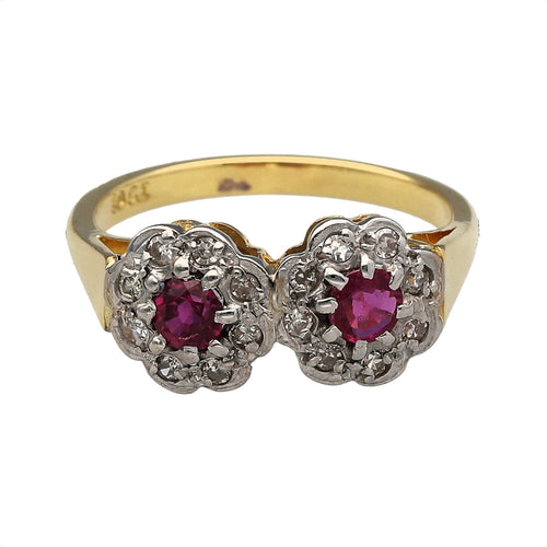 18ct Gold Diamond & Ruby Set Double Flower Cluster Ring