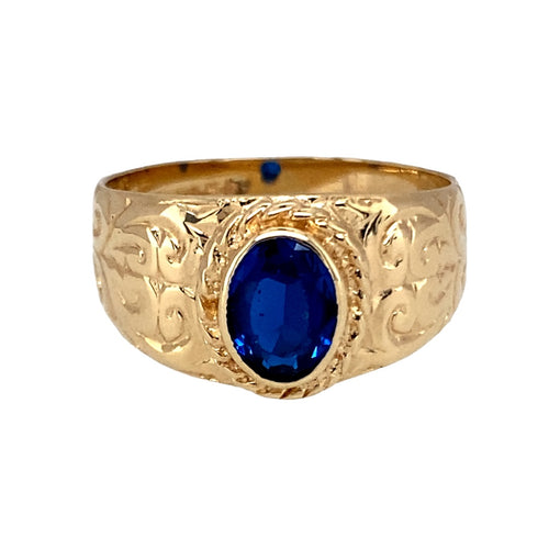 9ct Gold & Blue Stone Set Patterned Signet Ring