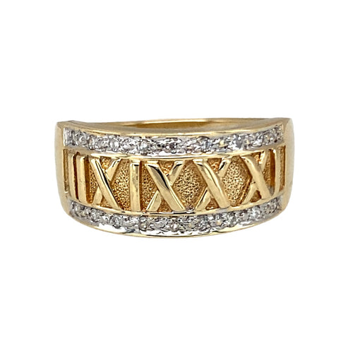 9ct Gold & Diamond Set Roman Numeral Wide Band Ring