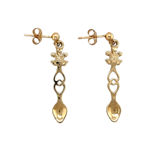 New 9ct Gold Three Feather Heart Lovespoon Drop Earrings
