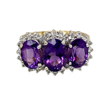 Load image into Gallery viewer, 9ct Gold Diamond &amp; Amethyst Set Trilogy Cluster Ring
