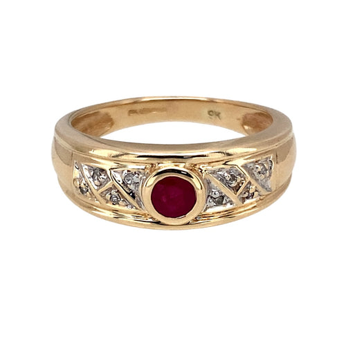 9ct Gold Diamond & Ruby Set Wide Band Ring