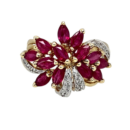 9ct Gold Diamond & Ruby Set Flower Ring
