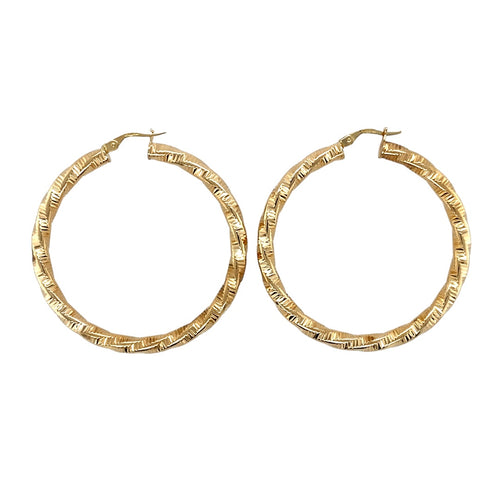 9ct Gold Patterned Twisted Hoop Creole Earrings