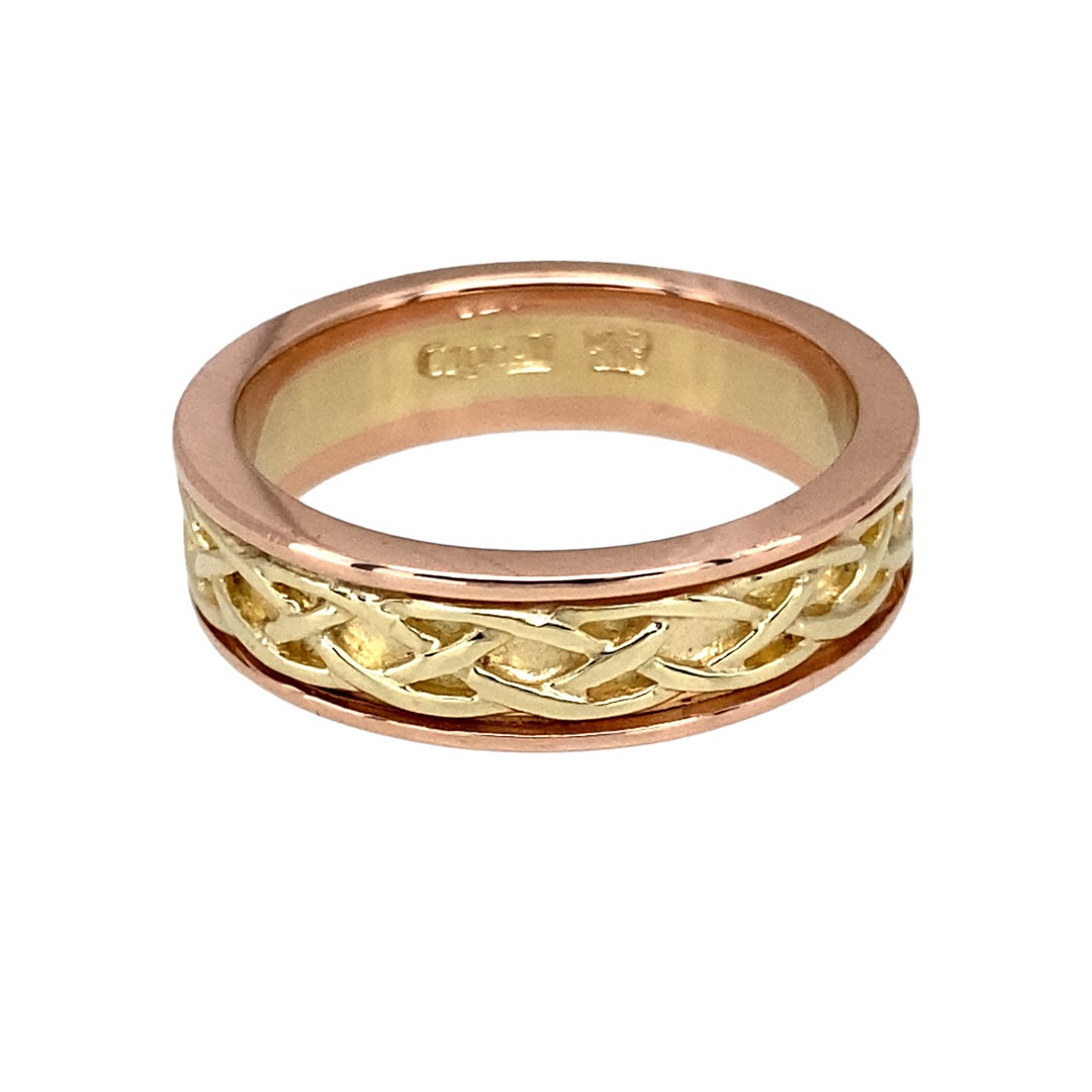 Preowned 9ct Yellow and Rose Gold Clogau Celtic Knot Annwyl Band Ring in size N with the weight 5.50 grams. The band is 6mm wide and cannot be resized