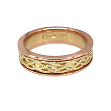 Load image into Gallery viewer, Preowned 9ct Yellow and Rose Gold Clogau Celtic Knot Annwyl Band Ring in size N with the weight 5.50 grams. The band is 6mm wide and cannot be resized
