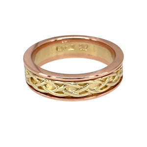 Preowned 9ct Yellow and Rose Gold Clogau Celtic Knot Annwyl Band Ring in size N with the weight 5.50 grams. The band is 6mm wide and cannot be resized