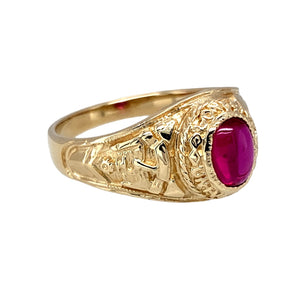 Preowned 9ct Yellow Gold & Pink Stone Set London University College Style Ring in size W with the weight 6.50 grams. The pink stone is 7mm by 6mm