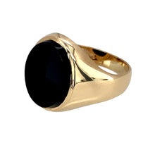 Load image into Gallery viewer, Preowned 9ct Yellow Gold &amp; Onyx Set Oval Signet Ring in size N with the weight 4.80 grams. The onyx stone is 13mm by 11mm
