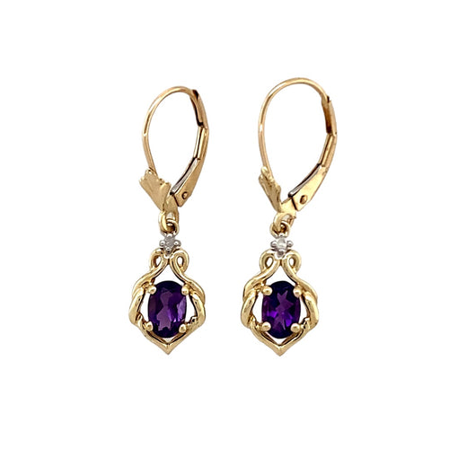 9ct Gold Diamond & Amethyst Set Dropper Earrings