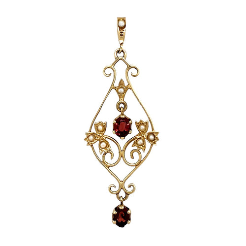9ct Gold Garnet & Pearl Antique Style Pendant