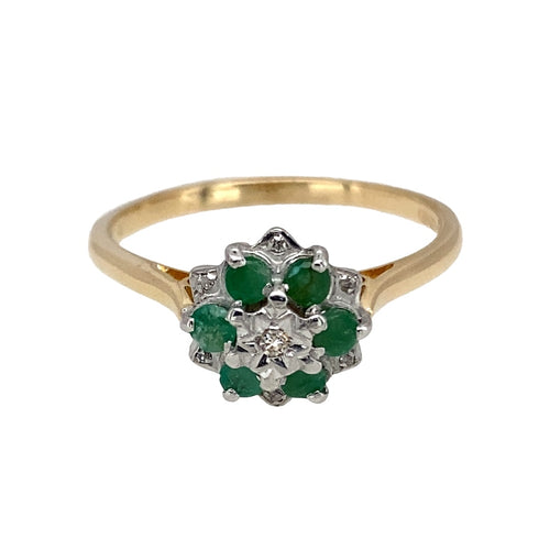 9ct Gold Diamond & Emerald Flower Cluster Ring