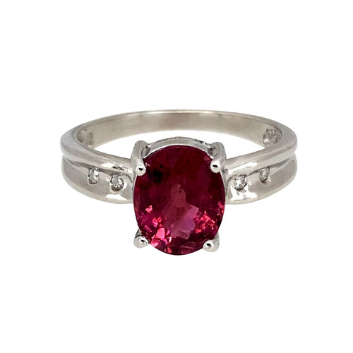 9ct White Gold Diamond & Pink Stone Set Ring