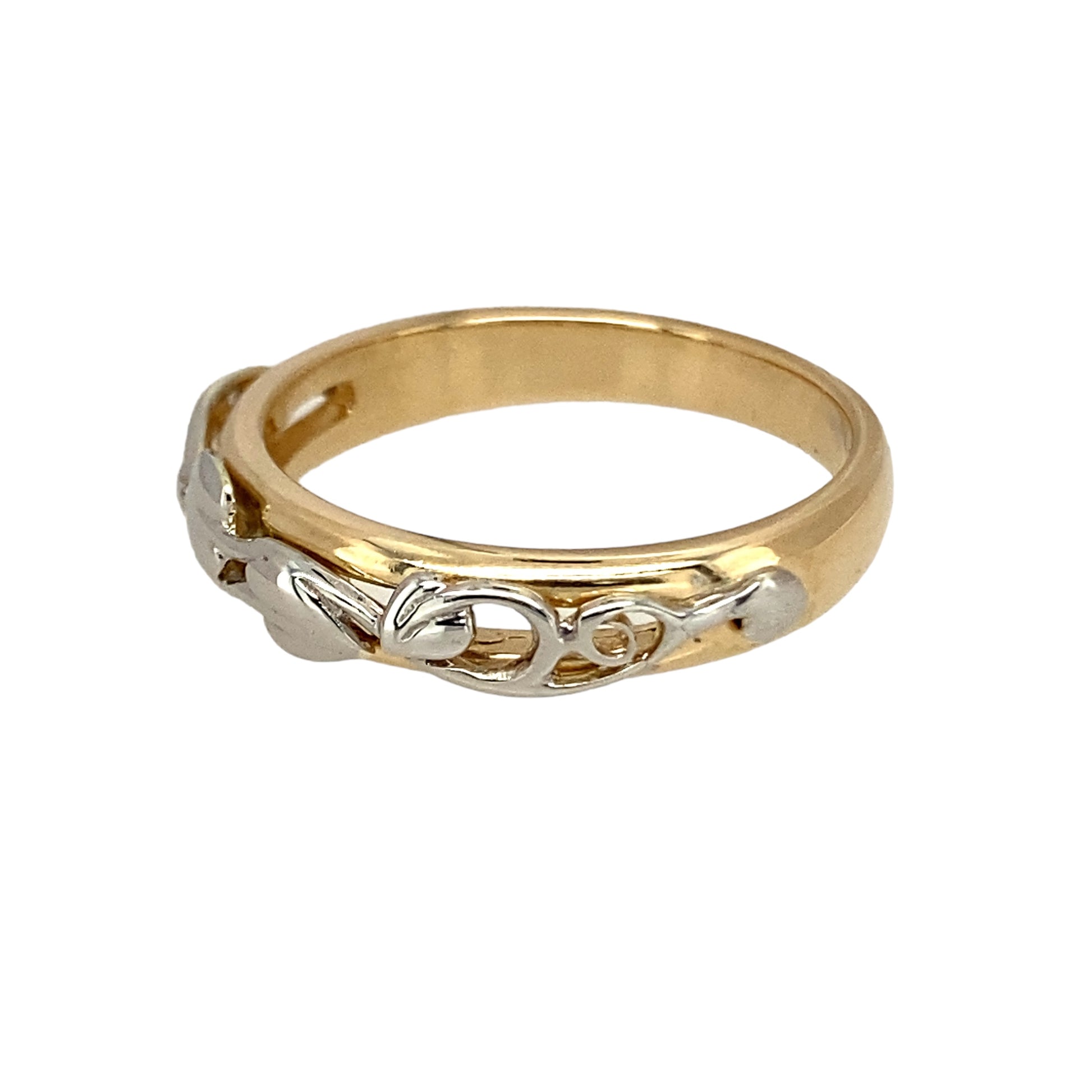 Preowned 9ct Yellow and White Gold Clogau Tree of Life Moon Band Ring in size T with the weight 3.90 grams. The front of the band is 5mm wide