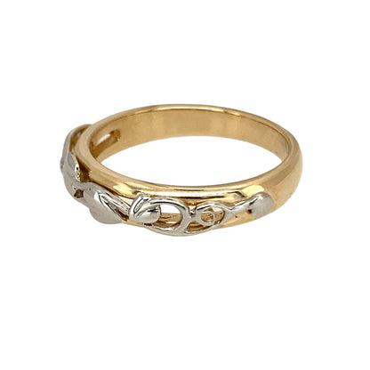 Preowned 9ct Yellow and White Gold Clogau Tree of Life Moon Band Ring in size T with the weight 3.90 grams. The front of the band is 5mm wide