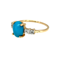 Load image into Gallery viewer, Preowned 9ct Yellow Gold Turquoise coloured stone &amp; Cubic Zirconia Set Ring in size P to Q with the weight 2.20 grams. The turquoise coloured stone is 9mm by 7mm
