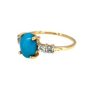 Preowned 9ct Yellow Gold Turquoise coloured stone & Cubic Zirconia Set Ring in size P to Q with the weight 2.20 grams. The turquoise coloured stone is 9mm by 7mm