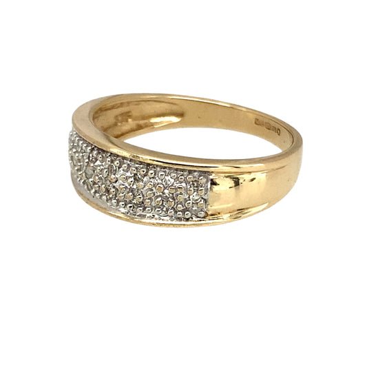 Preowned 9ct Yellow and White Gold & Diamond Set Wide Band Ring in size L with the weight 2 grams. The front of the band is 6mm wide and there is approximately 10pt of diamond content