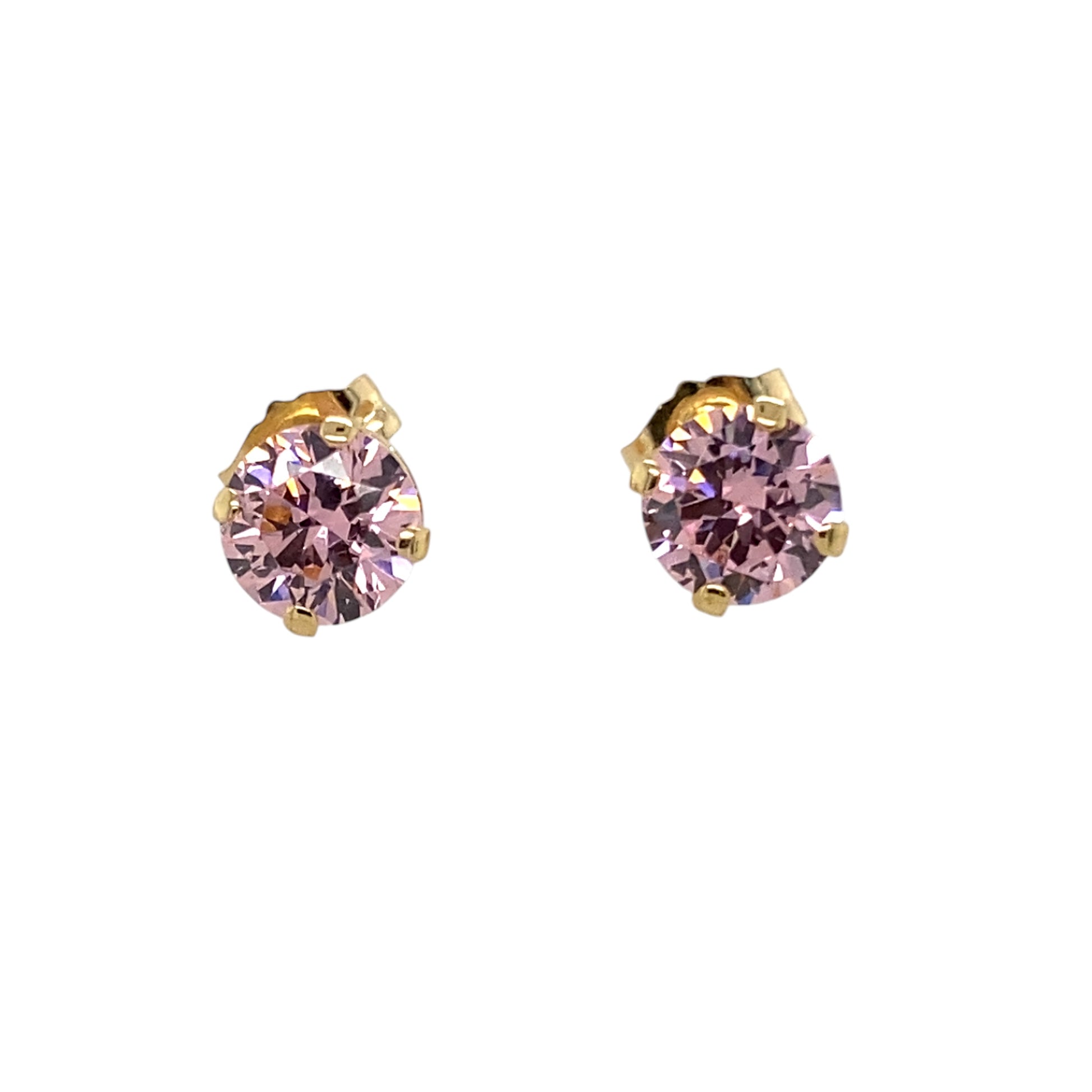 Preowned 9ct Yellow Gold & Pink Stone Round Stud Earrings with the weight 0.90 grams. The pink cubic zirconia stones are each 6mm diameter