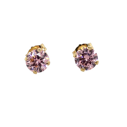 Preowned 9ct Yellow Gold & Pink Stone Round Stud Earrings with the weight 0.90 grams. The pink cubic zirconia stones are each 6mm diameter